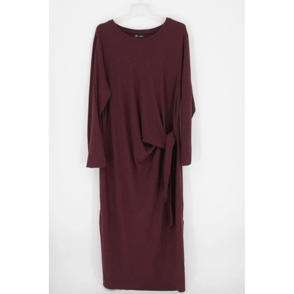 Gap Women's Burgundy Side Tie Long Sleeve Midi T-Shirt Dress Size‎ XXL